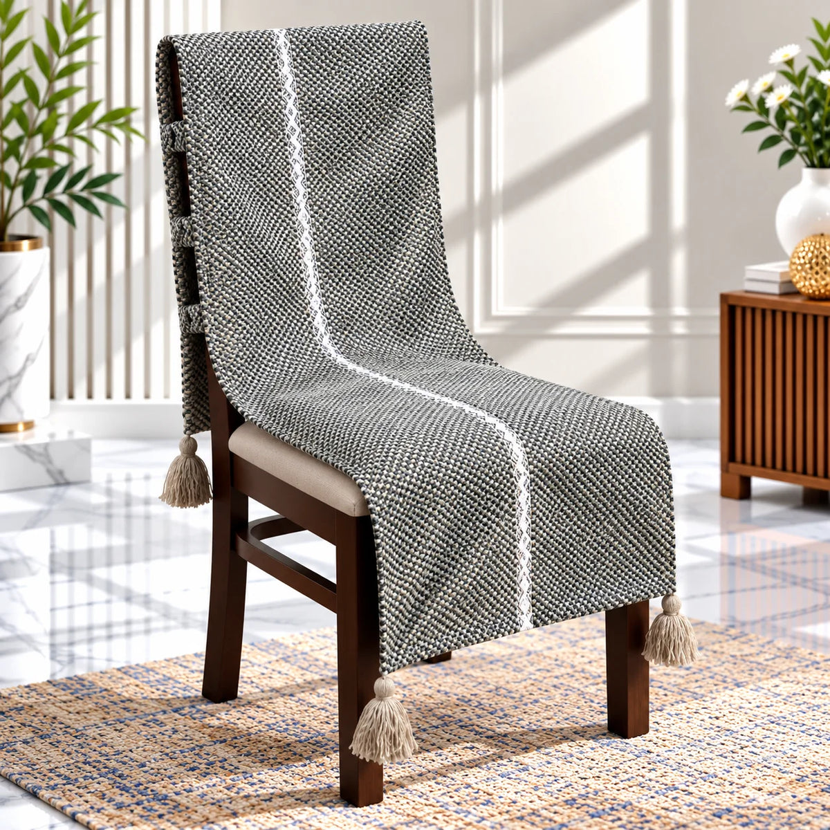 LoomCraft Charcoal Grey Textured Chair Cover with Tassels
