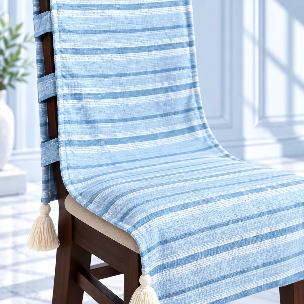 Blue Striped Chair Cover with Tassels