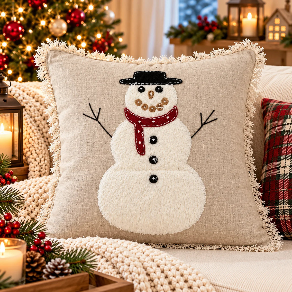 Merry Snowman Christmas Embroidered Cotton Cushion Cover â€“ 16 Ã— 16 Inches
