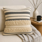 Cream & Black Monochrome Striped Cotton Cushion Cover with Pile Bands