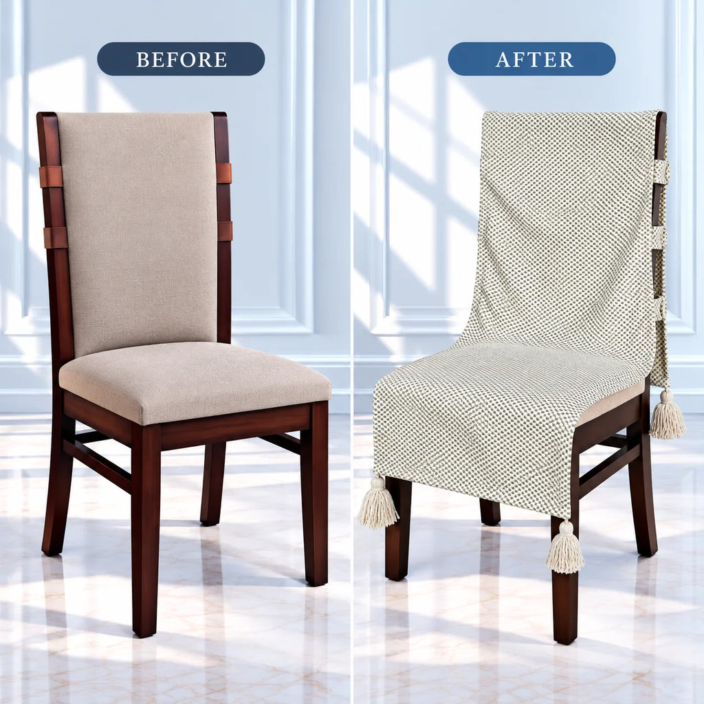 Minimal Ivory Grid Chair Cover with Tassels