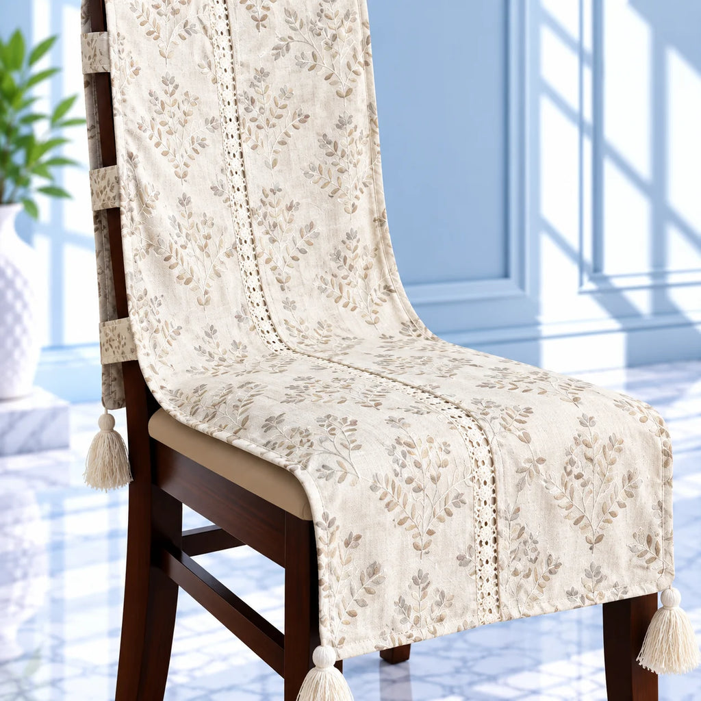 Linen Beige Scattered Leaf Pattern Chair Cover with Tassels