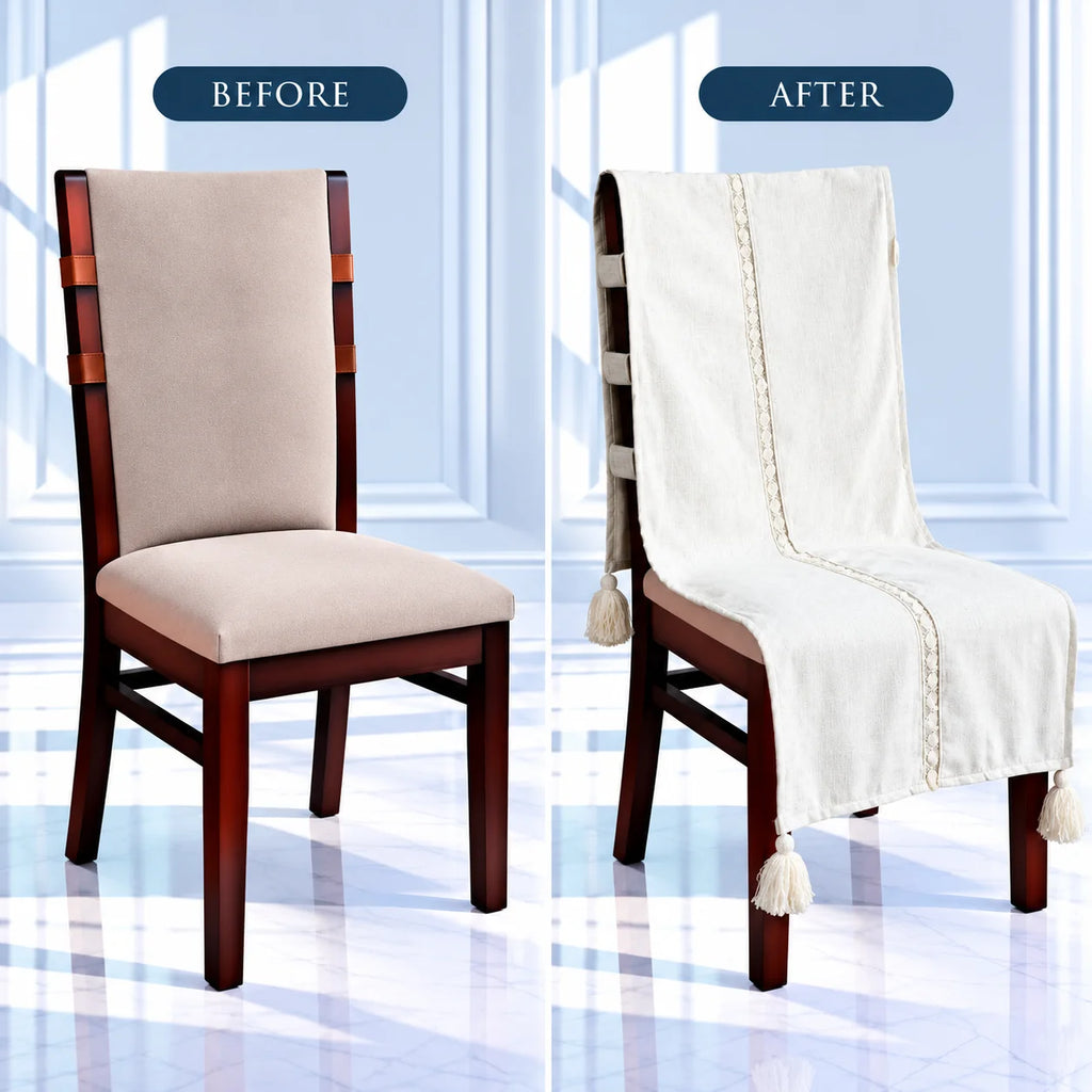 Milk White Textured Jacquard Chair Cover with Lace & Tassels