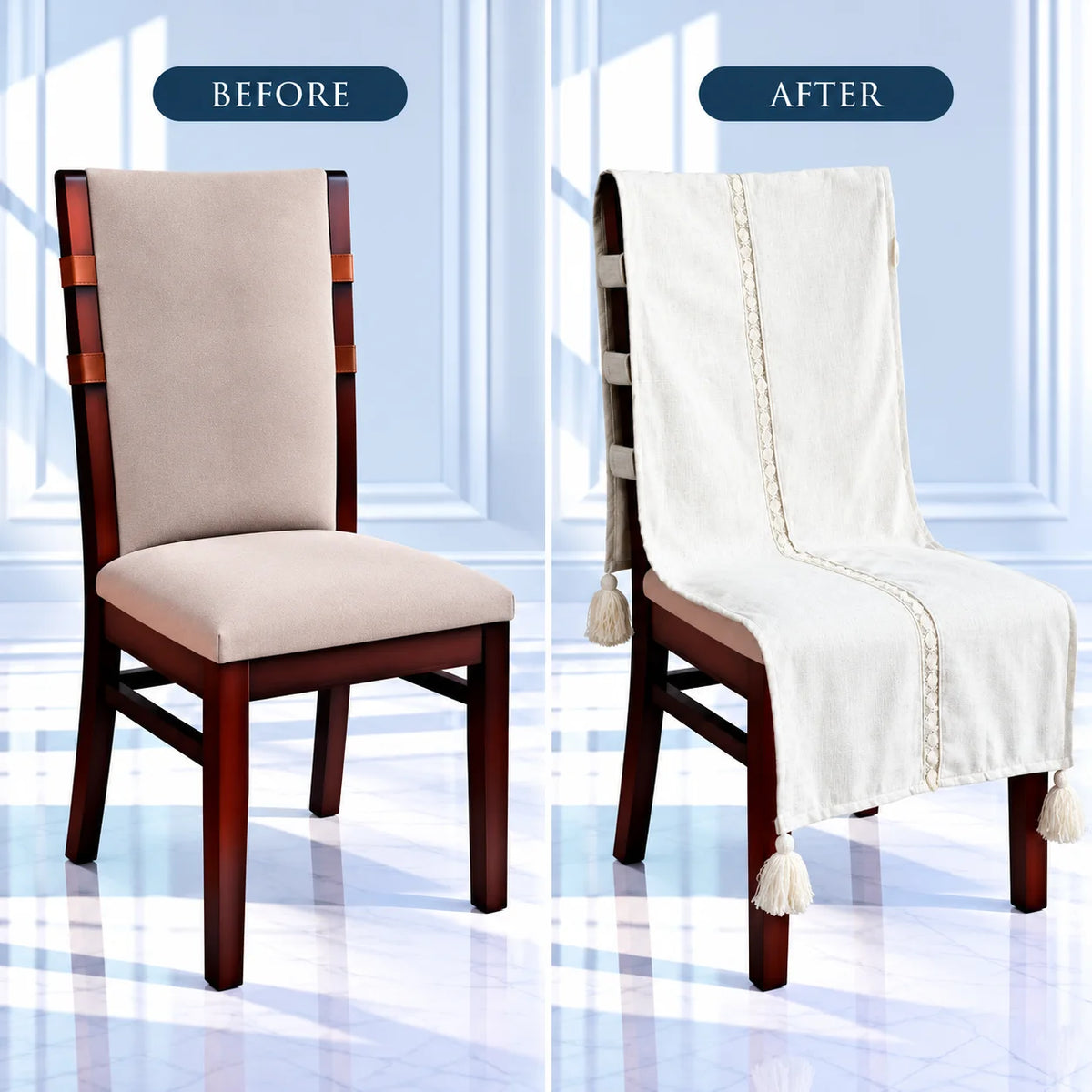Milk White Textured Jacquard Chair Cover with Lace & Tassels