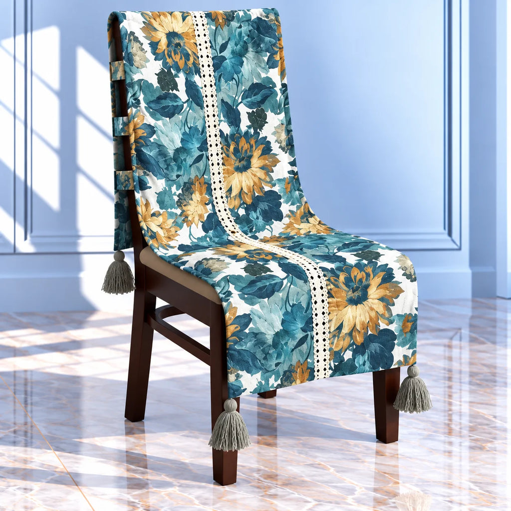 Teal Leaf & Golden Bloom Botanical Chair Cover with Tassels