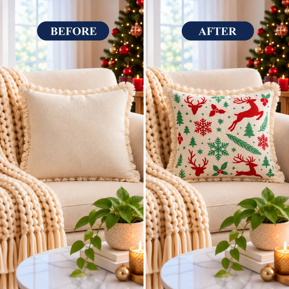 Christmas Themed Cotton Printed Cushion Cover, Size:40cm X 40cm (16" X 16")
