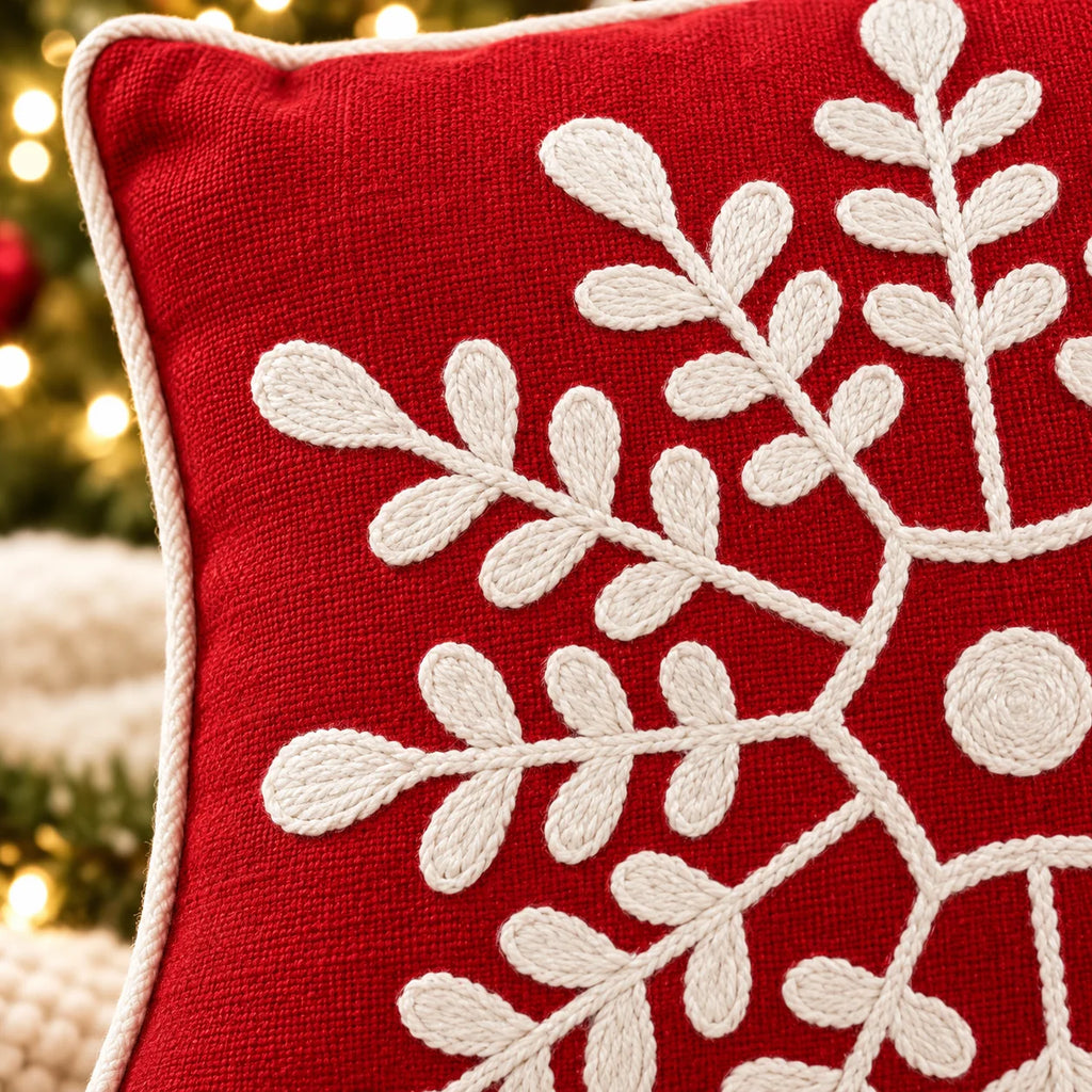 Winter Snowflake Christmas Embroidered Cotton Cushion Cover â€“ 16 Ã— 16 Inches