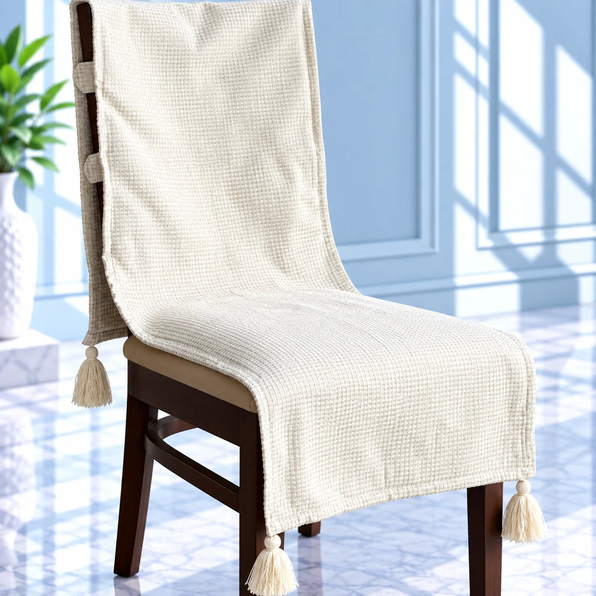 Natural Almond Cream Waffle Textured Chair Cover with Tassels