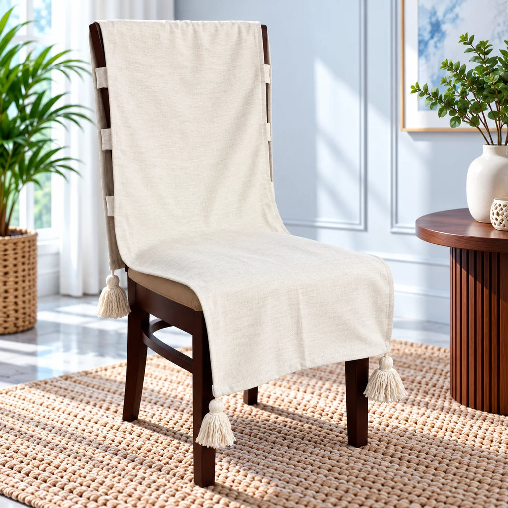 Oatmeal Beige Plain Chair Cover with Tassels