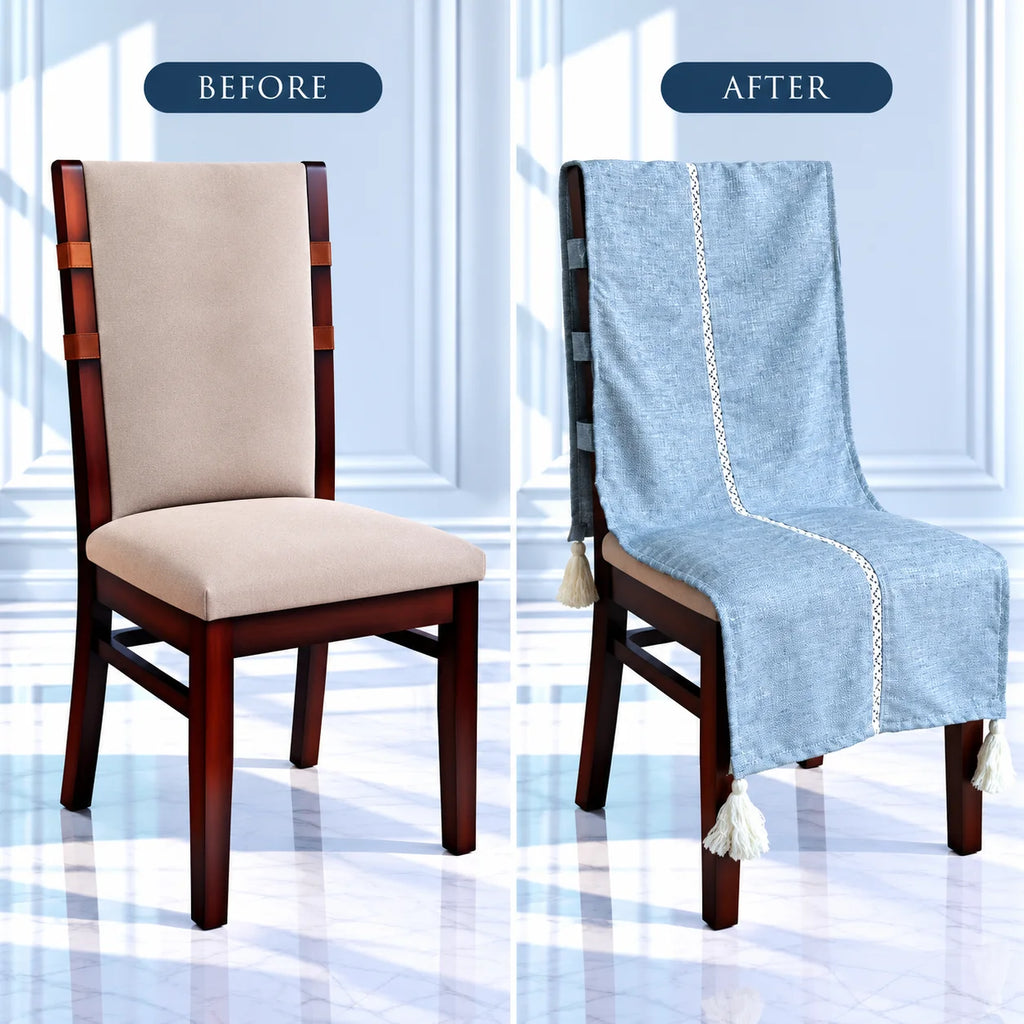 Steel Blue Cotton Jacquard Chair Cover with Tassels