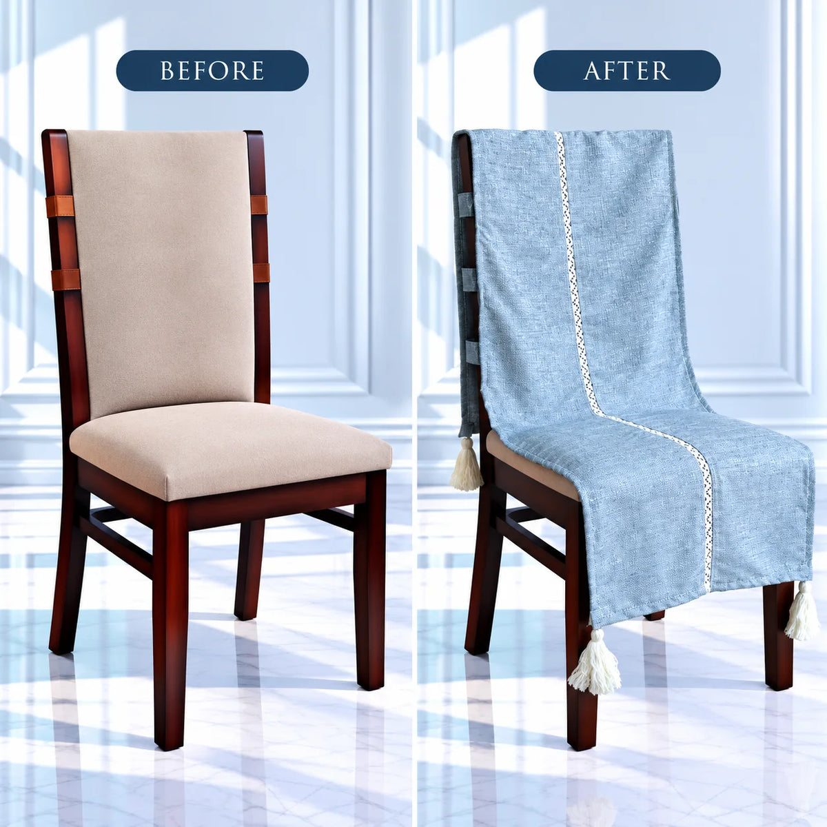 Steel Blue Cotton Jacquard Chair Cover with Tassels