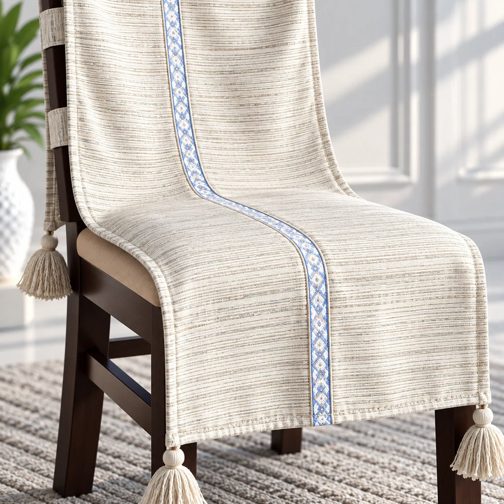 Wheat Beige Jacquard Chair Cover with Blue Ribbon & Tassels