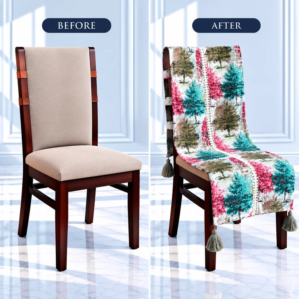 Colourful Woodland Landscape Printed Chair Cover with Tassels