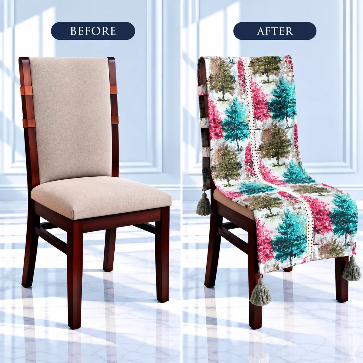 Colourful Woodland Landscape Printed Chair Cover with Tassels