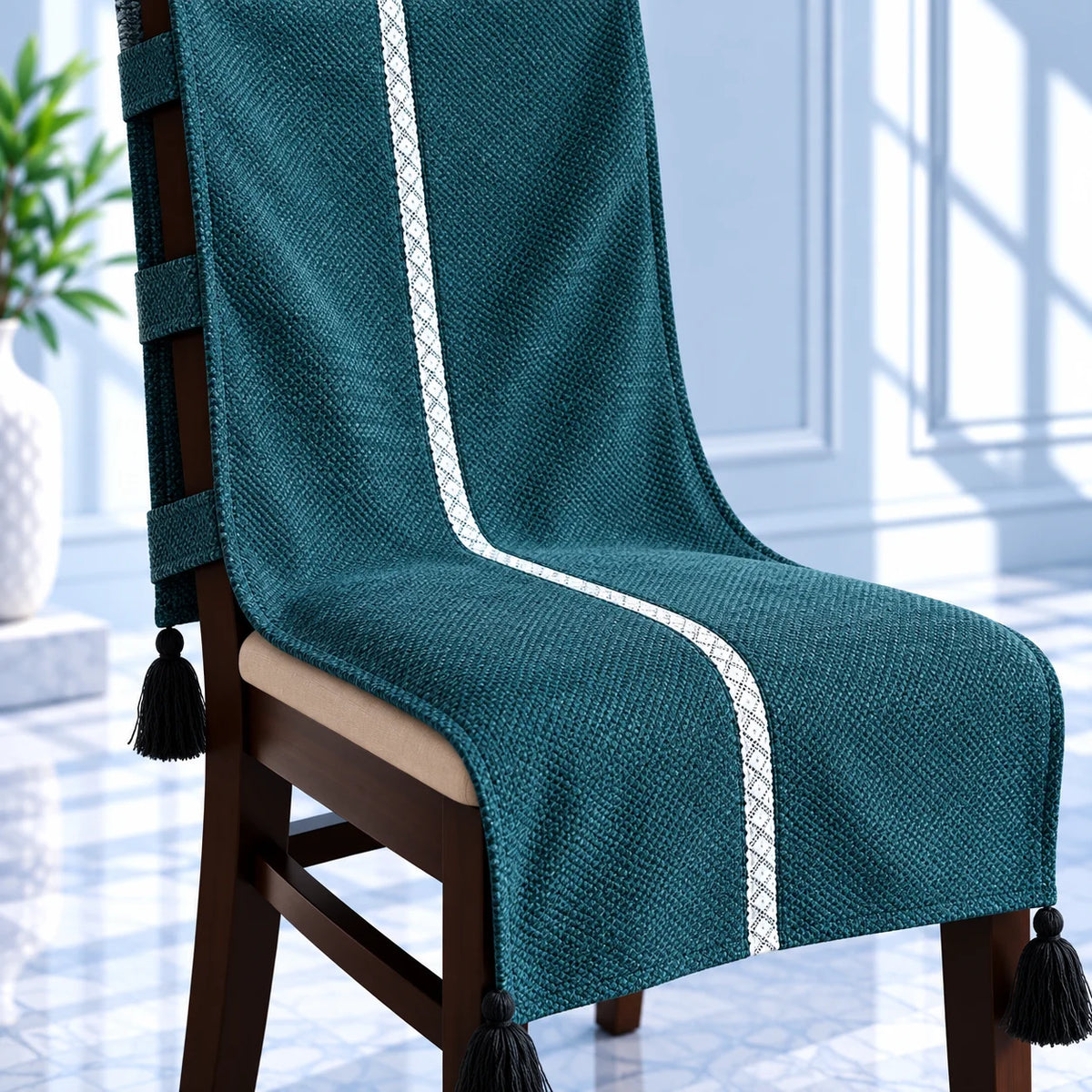 Slate Blue Grey Linen Feel Chair Cover with Tassels
