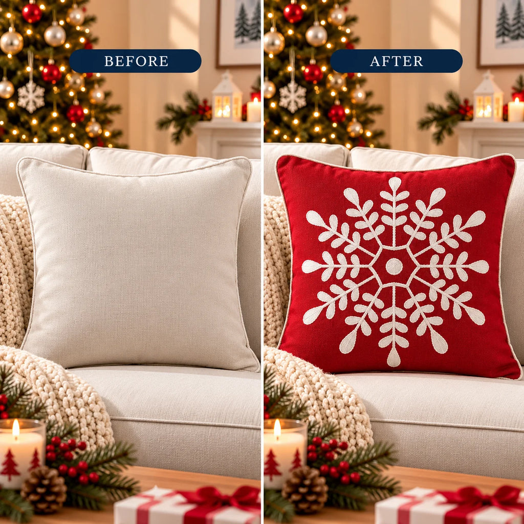 Winter Snowflake Christmas Embroidered Cotton Cushion Cover â€“ 16 Ã— 16 Inches