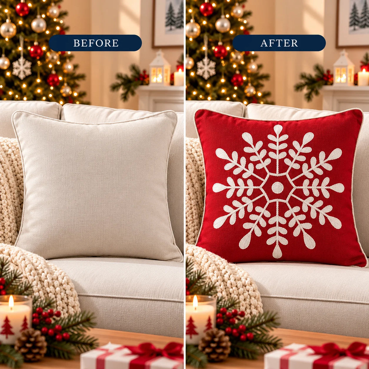 Winter Snowflake Christmas Embroidered Cotton Cushion Cover â€“ 16 Ã— 16 Inches