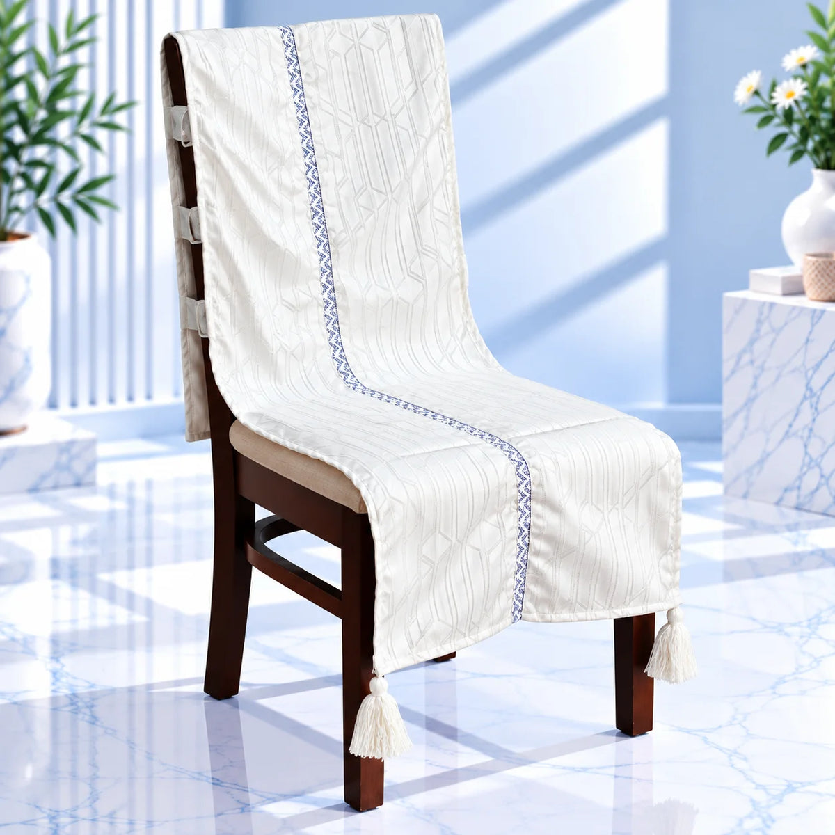 Shimmer Finish Honeycomb Geometric Chair Cover with Tassels