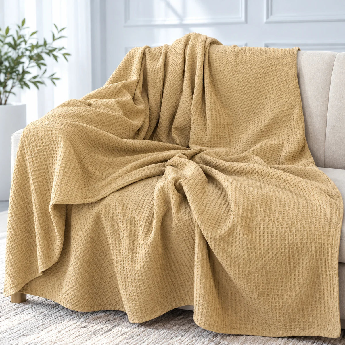 Golden Ochre Honeycomb Weave Cotton Throw Blanket