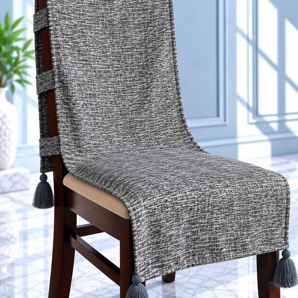 Charcoal Grey Flecked Weave Chair Cover with Tassels
