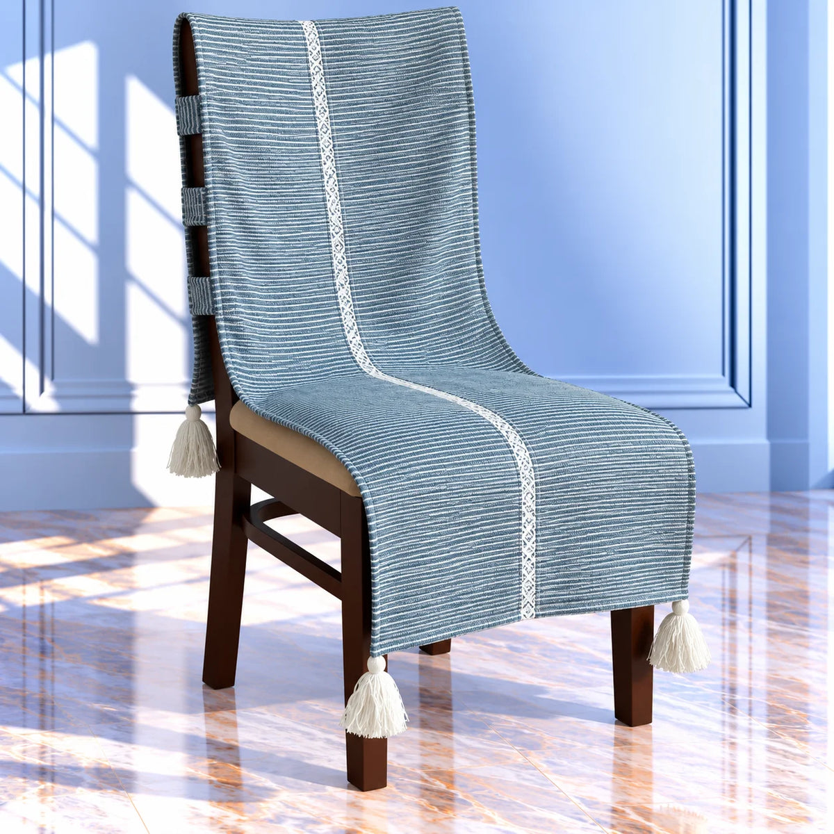 Denim Blue Fine Stripe Chair Cover with Tassels