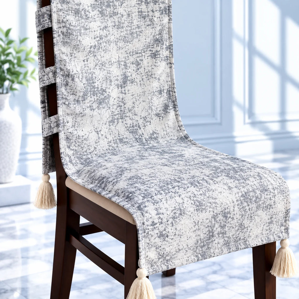 Silver Grey Textured Marbled Chair Cover with Tassels