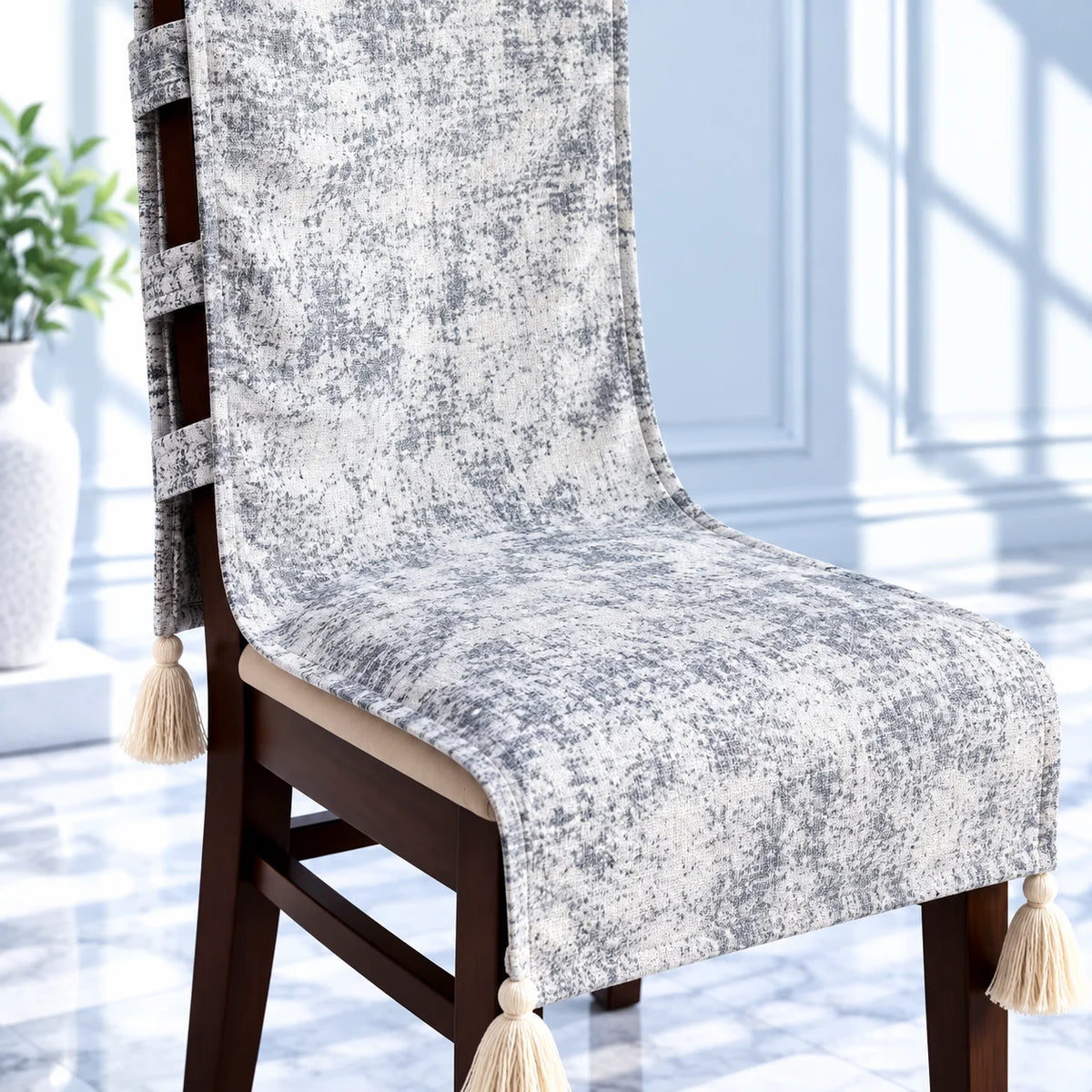 Silver Grey Textured Marbled Chair Cover with Tassels