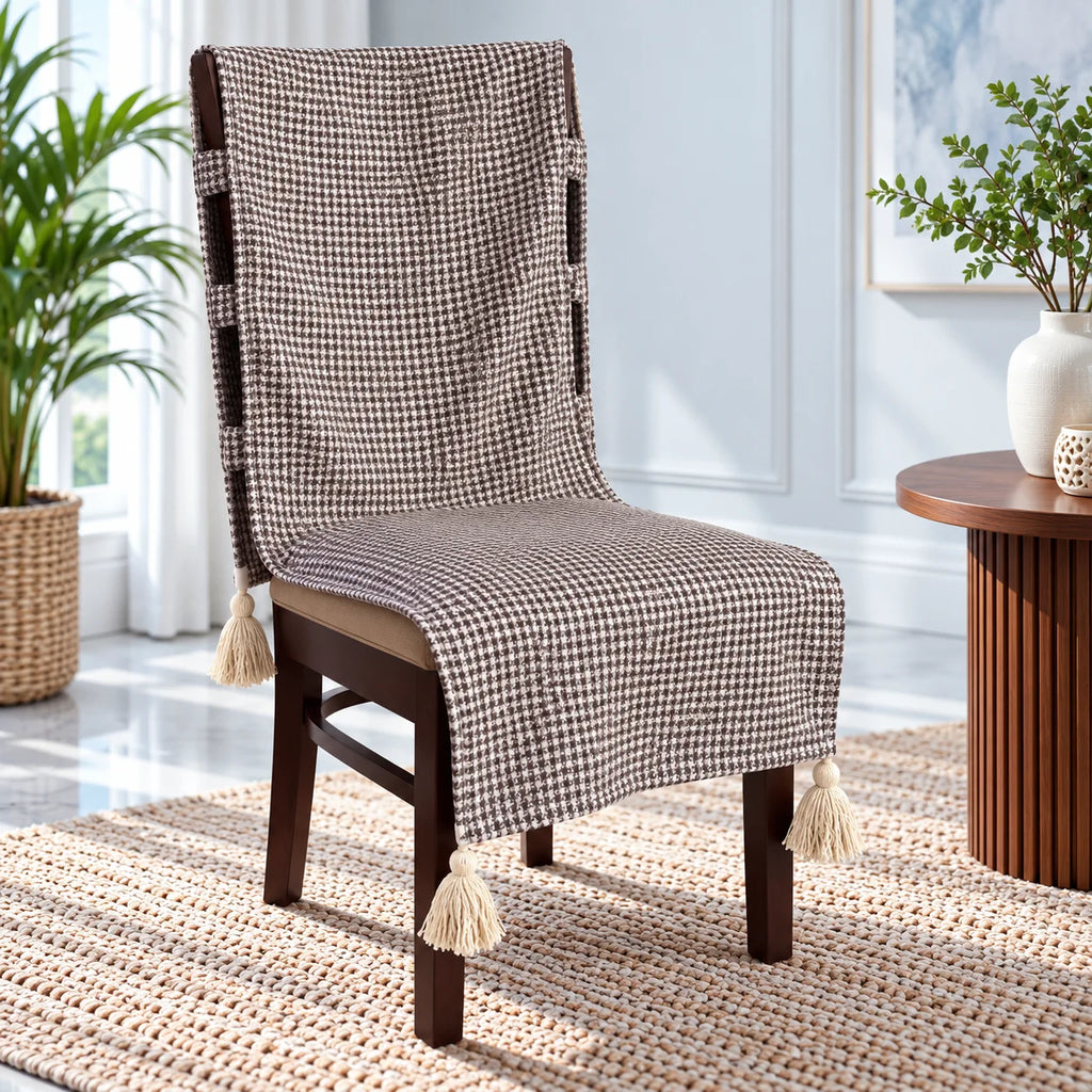 Brown Houndstooth Jacquard Chair Cover with Tassels