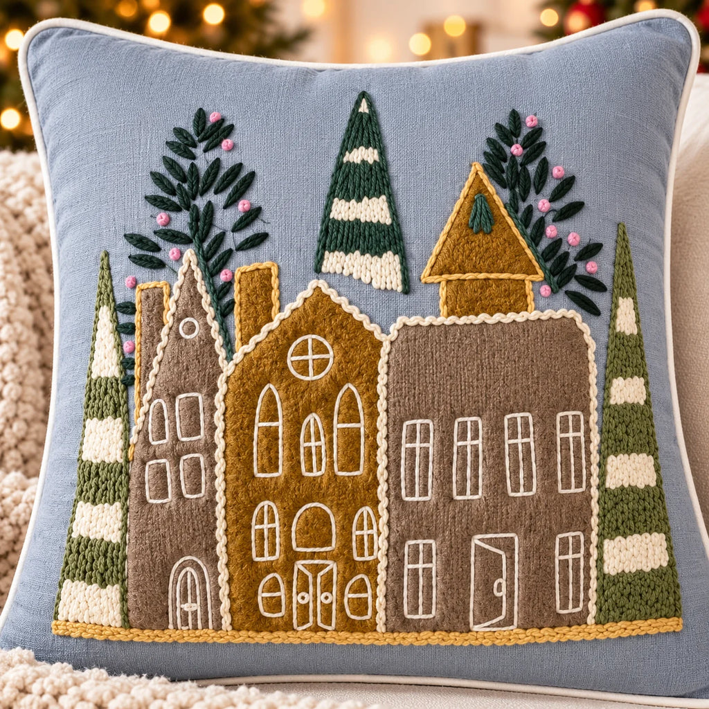 Christmas Village Embroidered Cotton Cushion Cover â€“ 16 Ã— 16 Inches