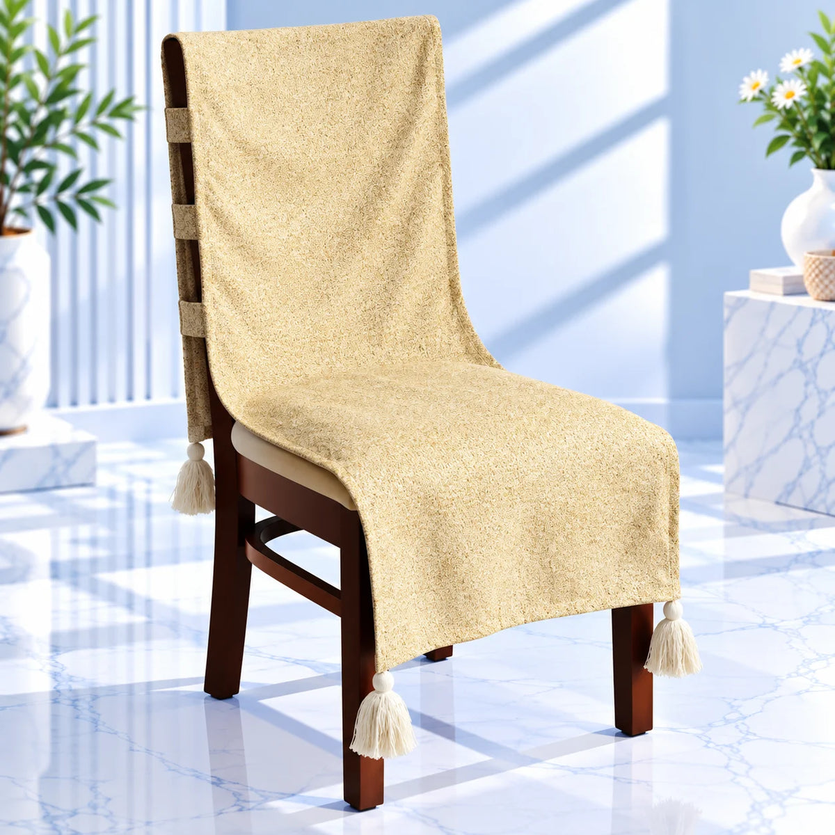 Mustard Yellow Melange Weave Chair Cover with Tassels