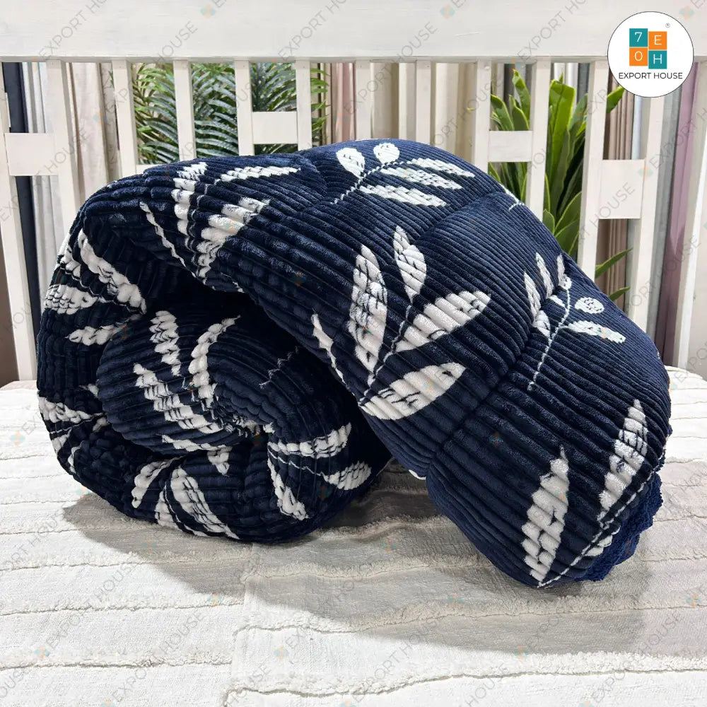 Floral Navy Blue Sherpa Fluffy Blanket - Super Thick, Quilted, and Warm for Double Bed Sherpa (Razai, 85 X 95 Inches)