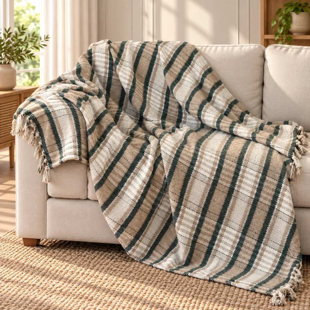 Forest Green & Beige Striped Herringbone Sofa Throw Blanket