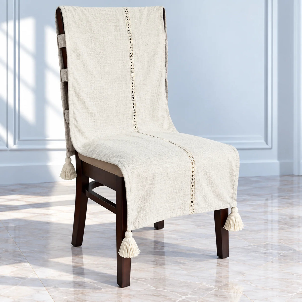 Handwoven Style Ecru Chair Cover with Cutwork Line and Tassels