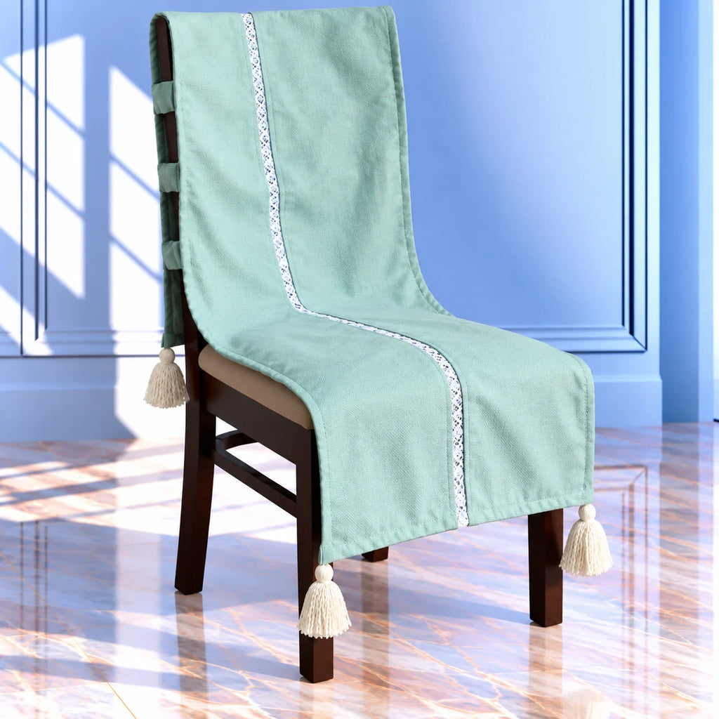 Seafoam Mint Green Plain Jacquard Chair Cover with Tassels