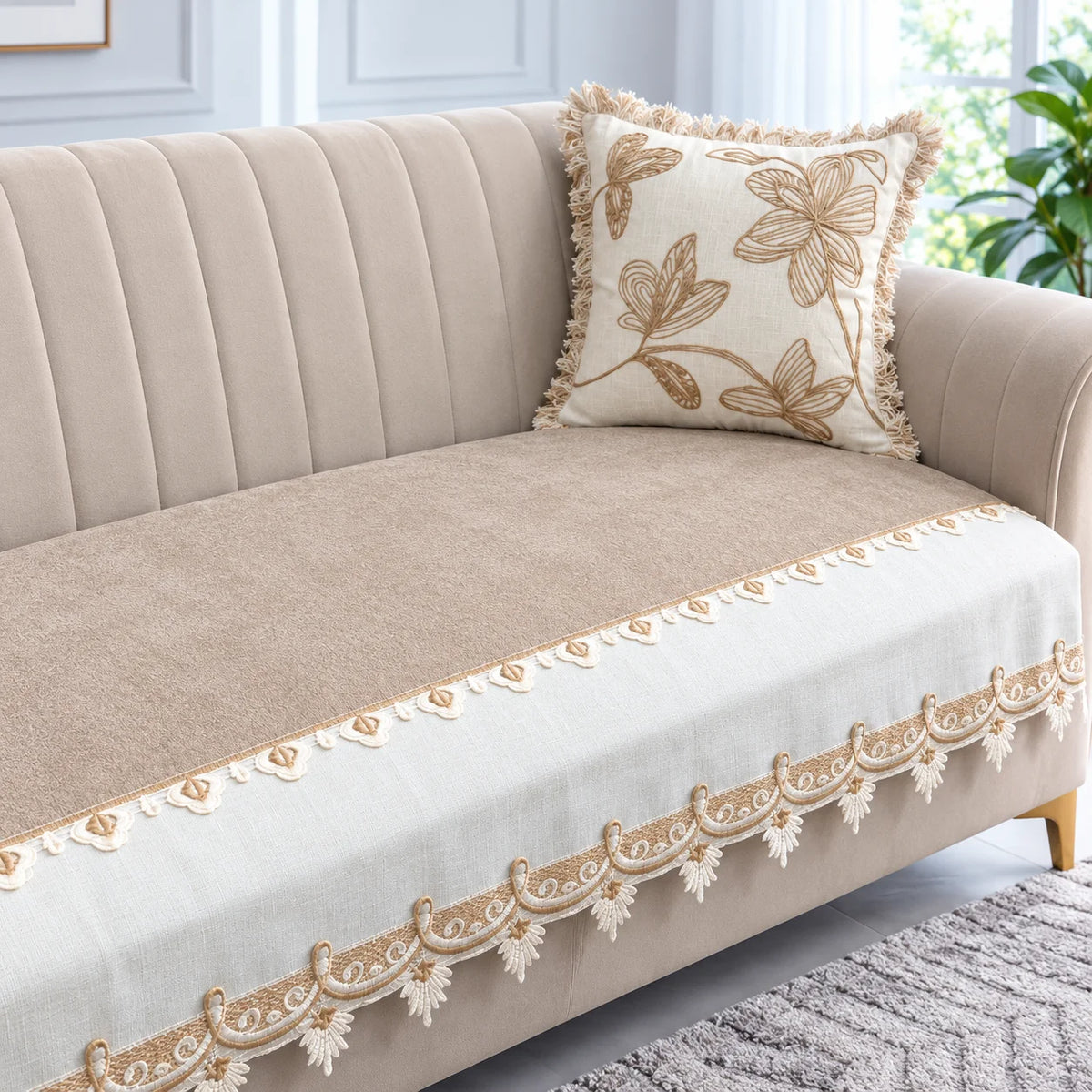 Beige Gold Lace Sofa Cover