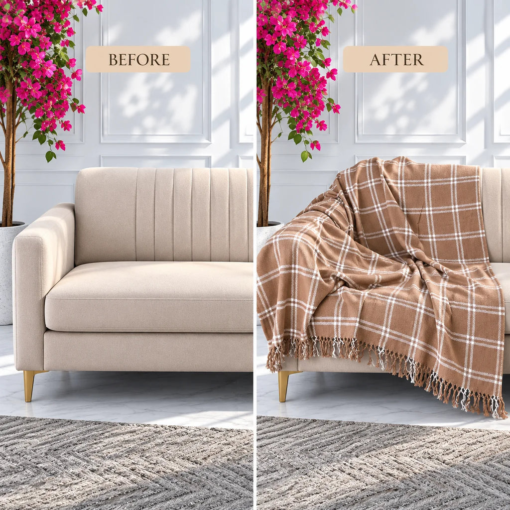 Caramel & White Plaid Cotton Throw Blanket