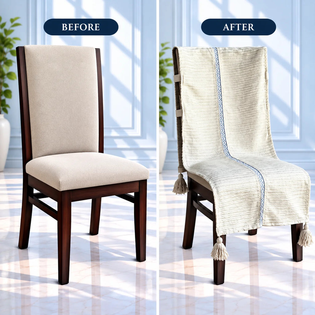 Wheat Beige Jacquard Chair Cover with Blue Ribbon & Tassels