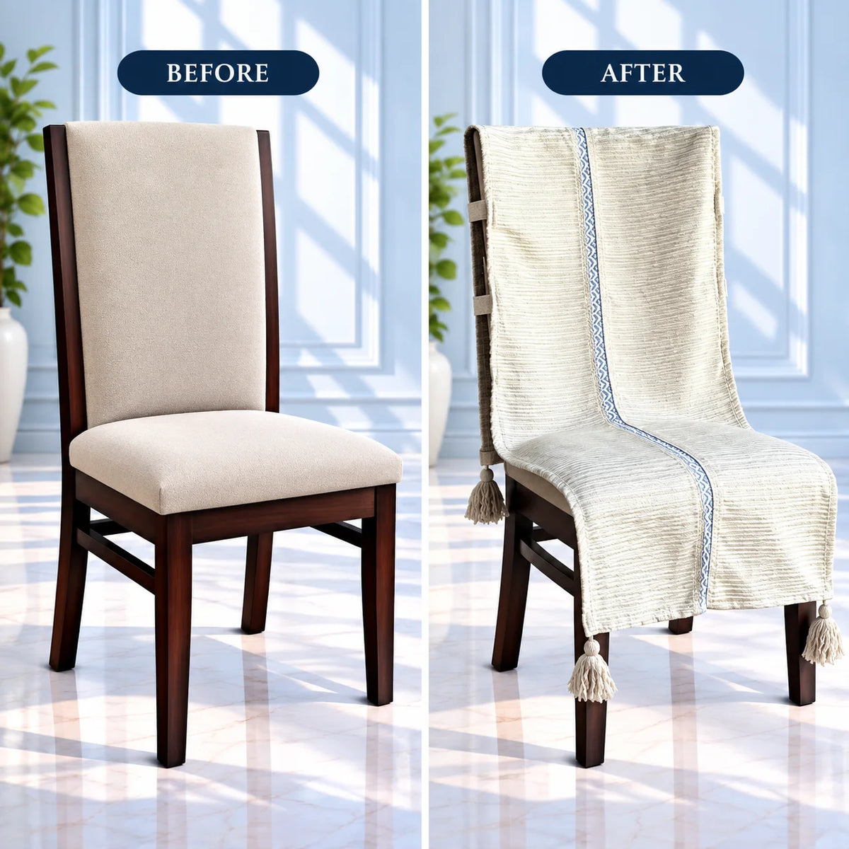 Wheat Beige Jacquard Chair Cover with Blue Ribbon & Tassels