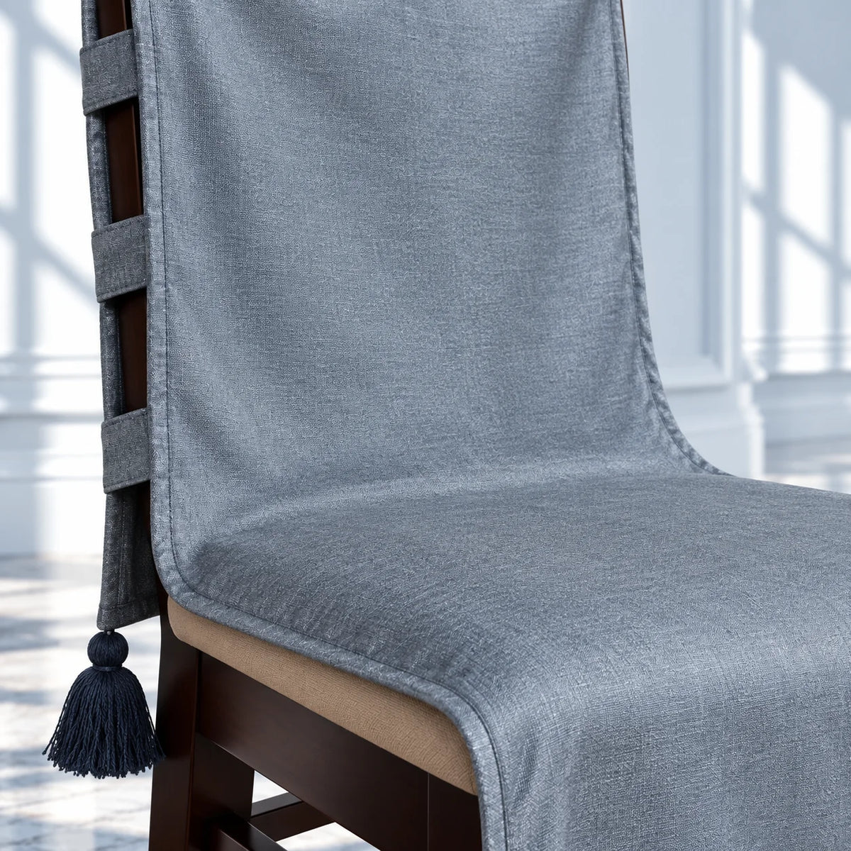 Grey Blue Plain Jacquard Chair Cover with Tassels