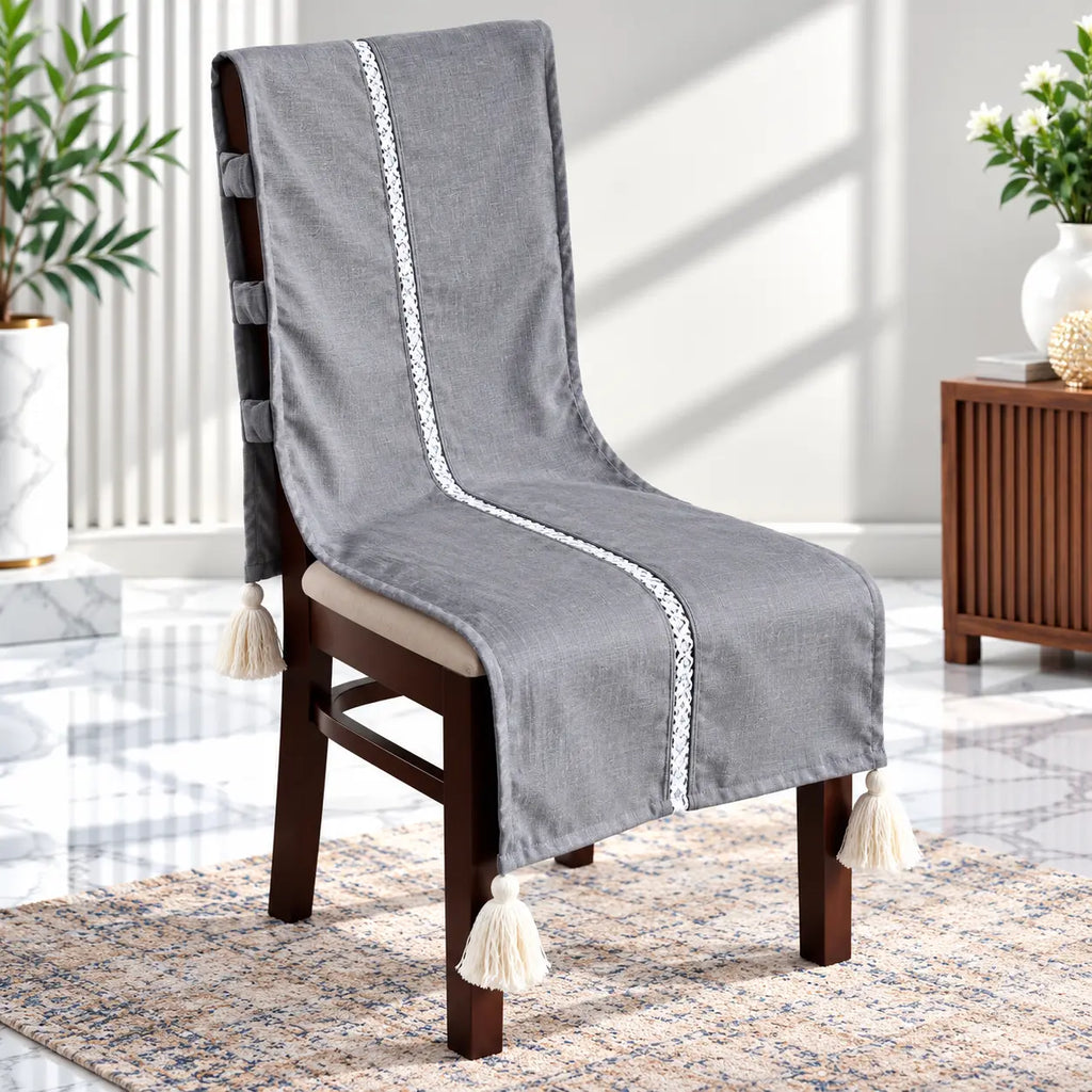 Slate Grey Linen Look Chair Cover with Tassels