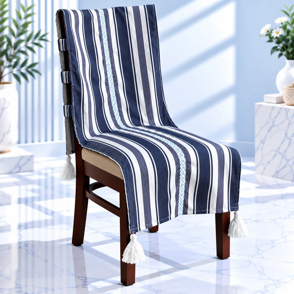 Navy & White Striped Chair Cover with Tassels