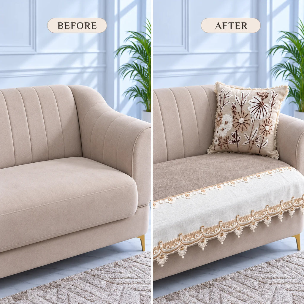Ivory Gold Lace Jacquard Sofa Cover