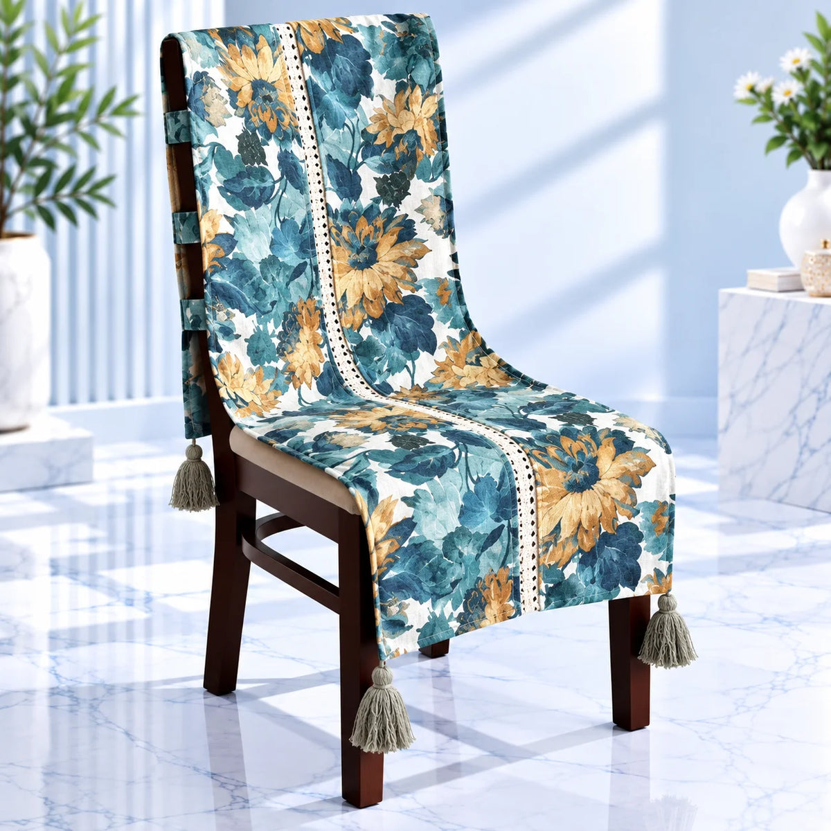 Teal Leaf & Golden Bloom Botanical Chair Cover with Tassels