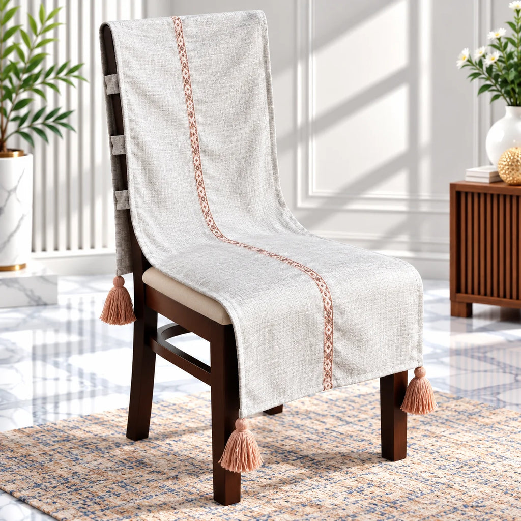 Oyster Grey Textured Chair Cover with Tassels