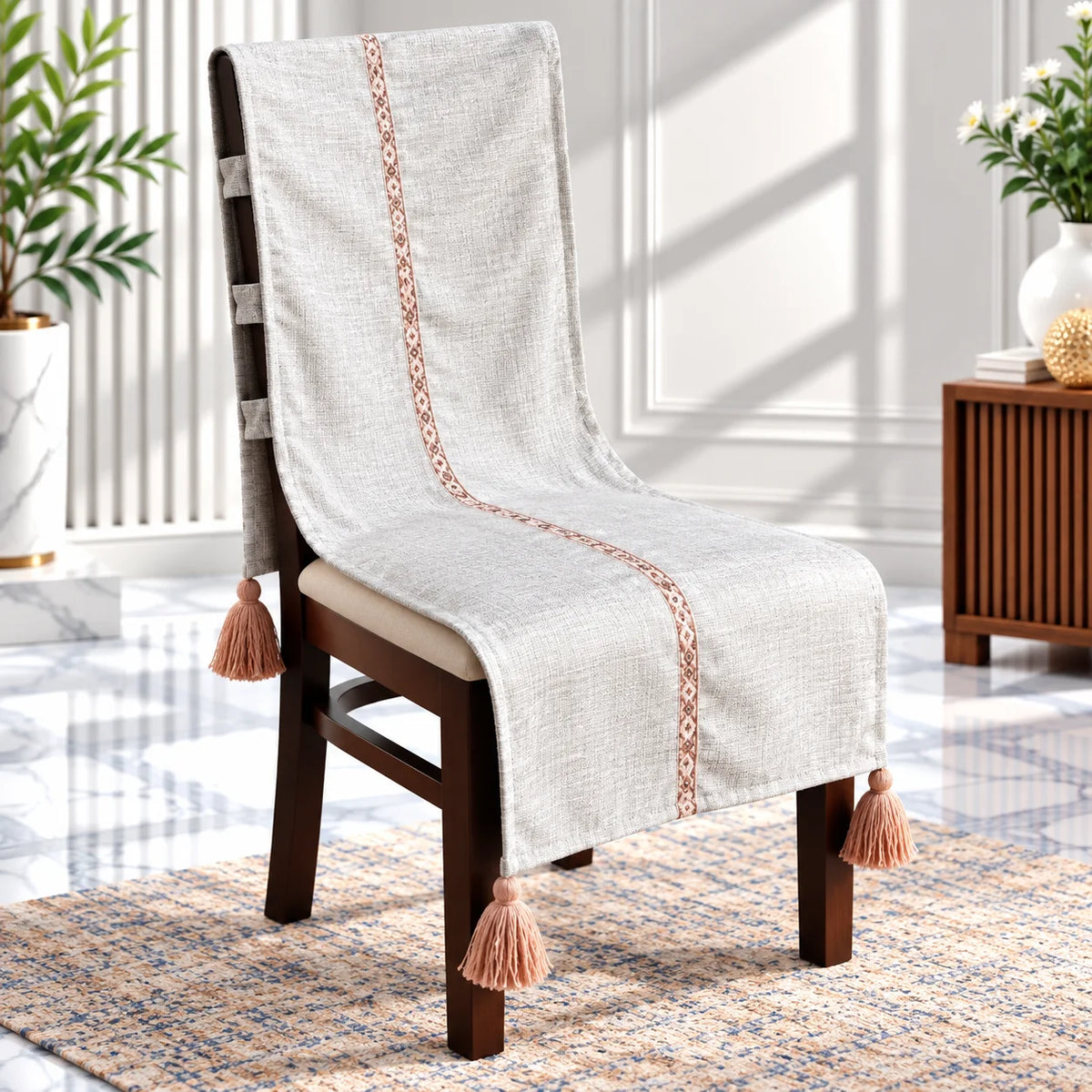 Oyster Grey Textured Chair Cover with Tassels