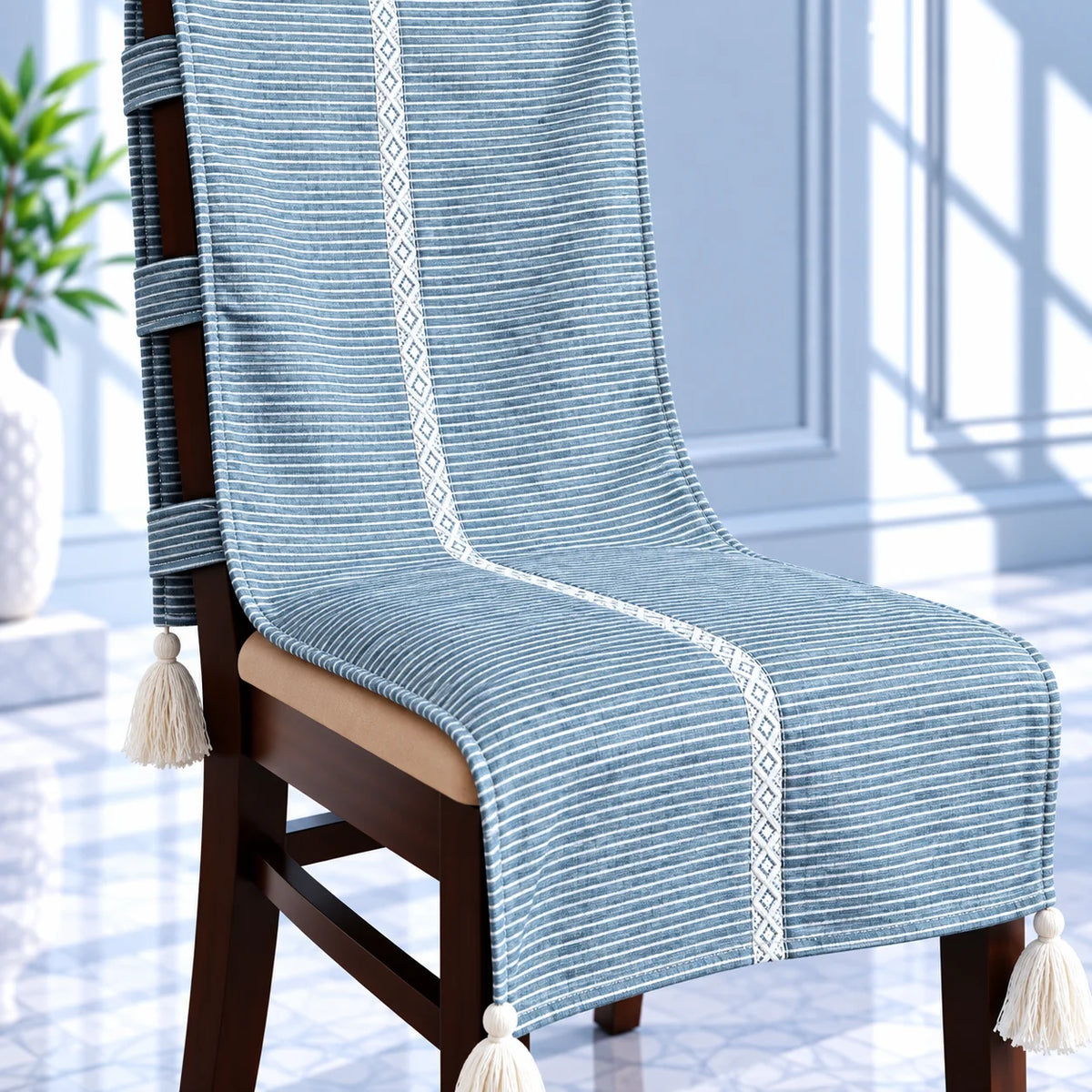 Denim Blue Fine Stripe Chair Cover with Tassels