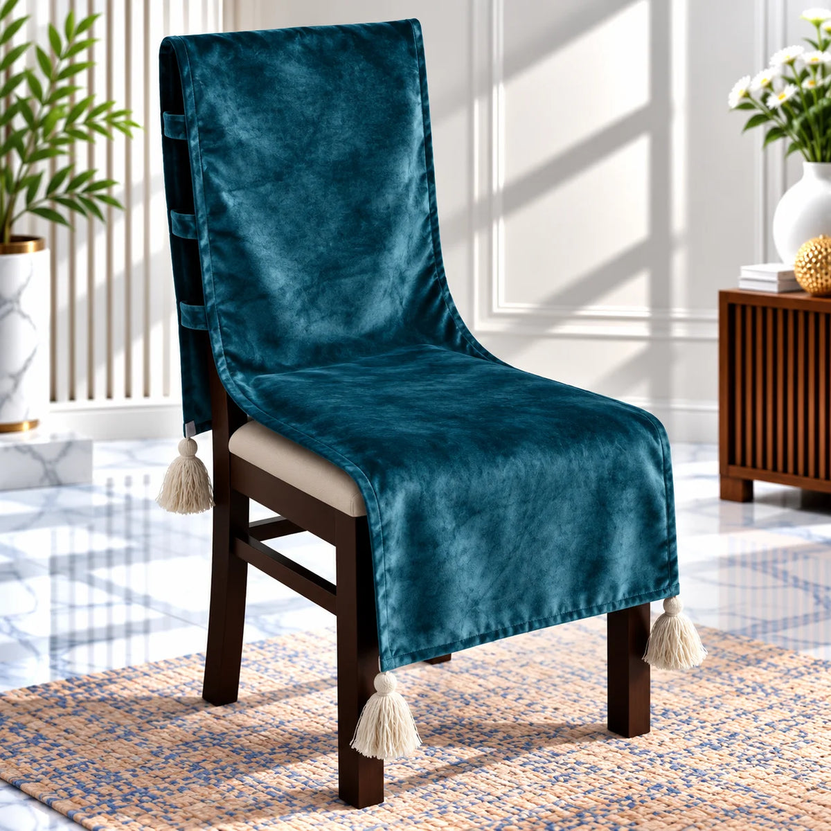Teal Velvet Luxe Chair Cover with Tassels