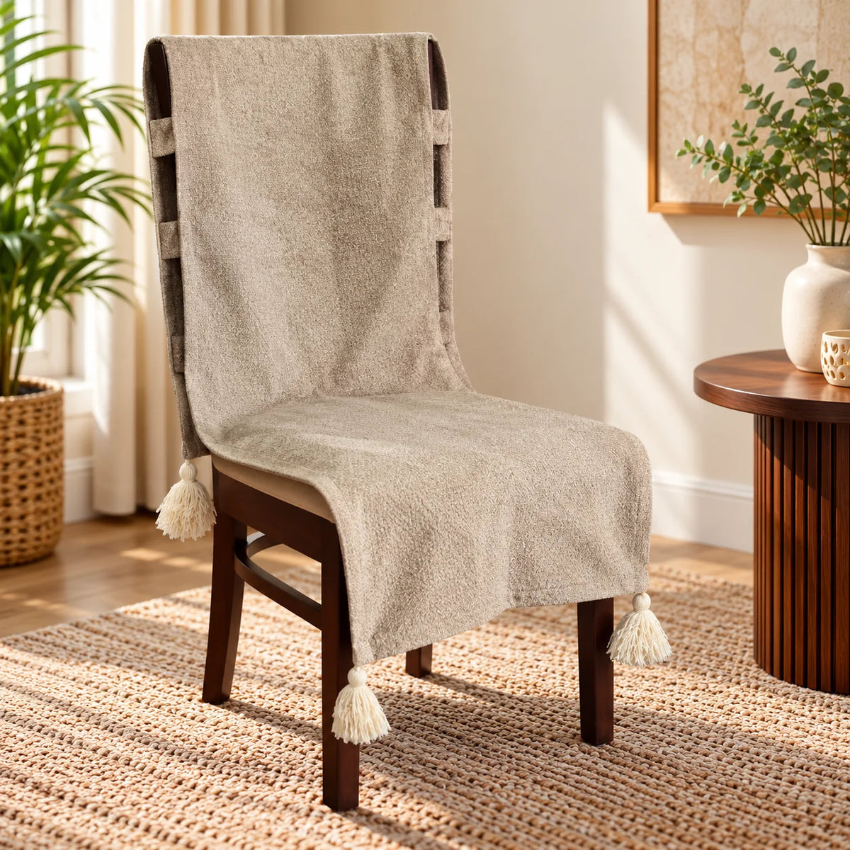 Natural Beige Jacquard Stretchable Chair Cover