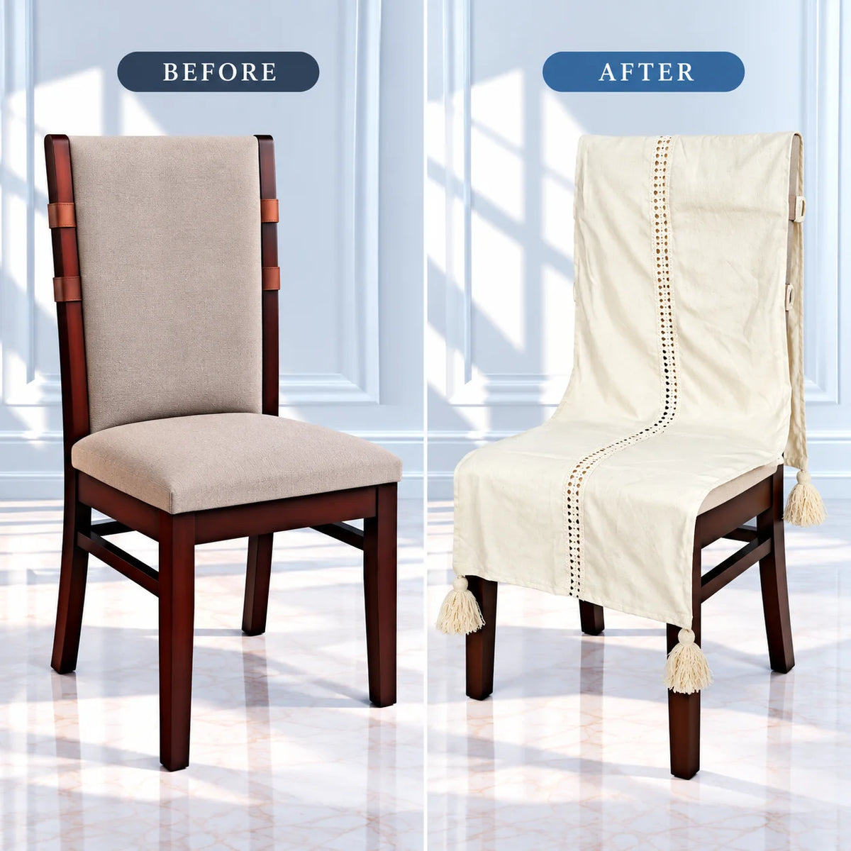Ivory lace Jacquard Chair Cover with Tassels