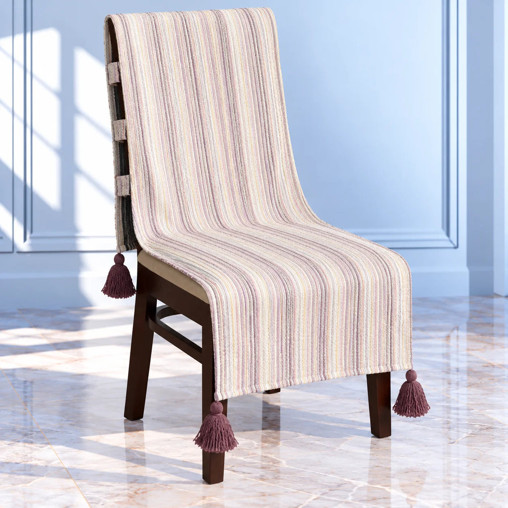 Cream Pinstripe Chair Cover with Maroon Tassels